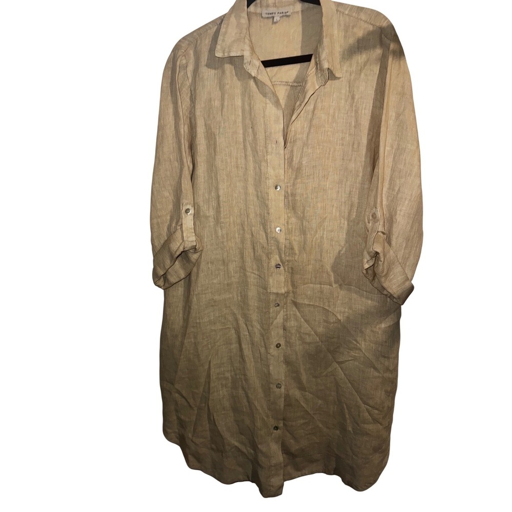 Tempo Paris Sz L Linen Button Down Shirt Dress Tan Beach Coverup Sheer Coastal
